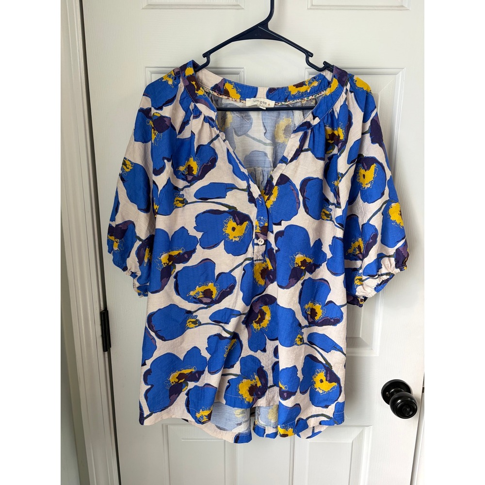Umgee Blue Floral Poppy V-Neck Blouse Short Puff Sleeve Top XL Boho Cottagecore